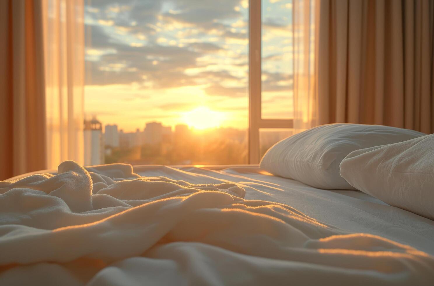 AI generated a hotel is showing two white sheets in front of sunrise photo