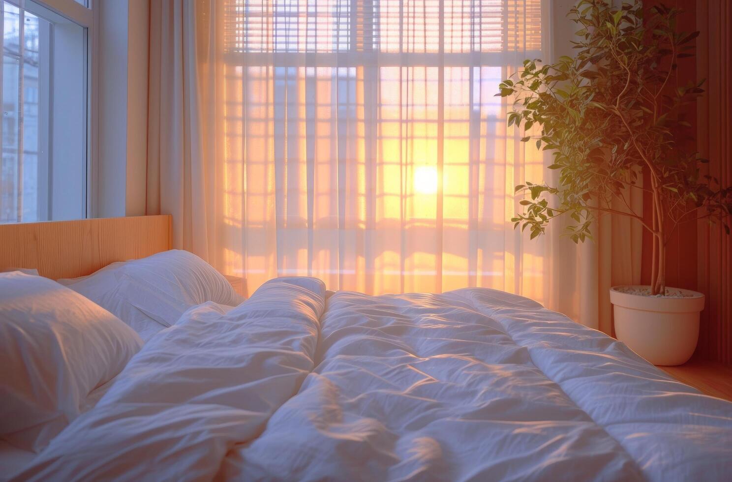 AI generated a bed has white sheets and a window in the bedroom photo