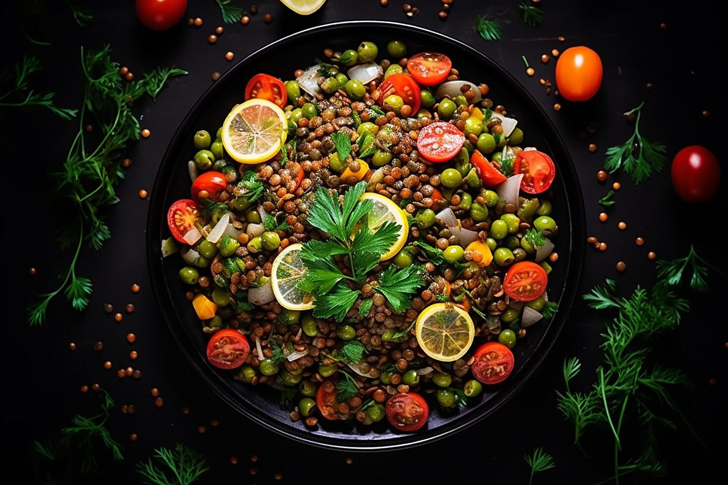 AI generated lentil and vegetable salad high protein salad recipes top view photo
