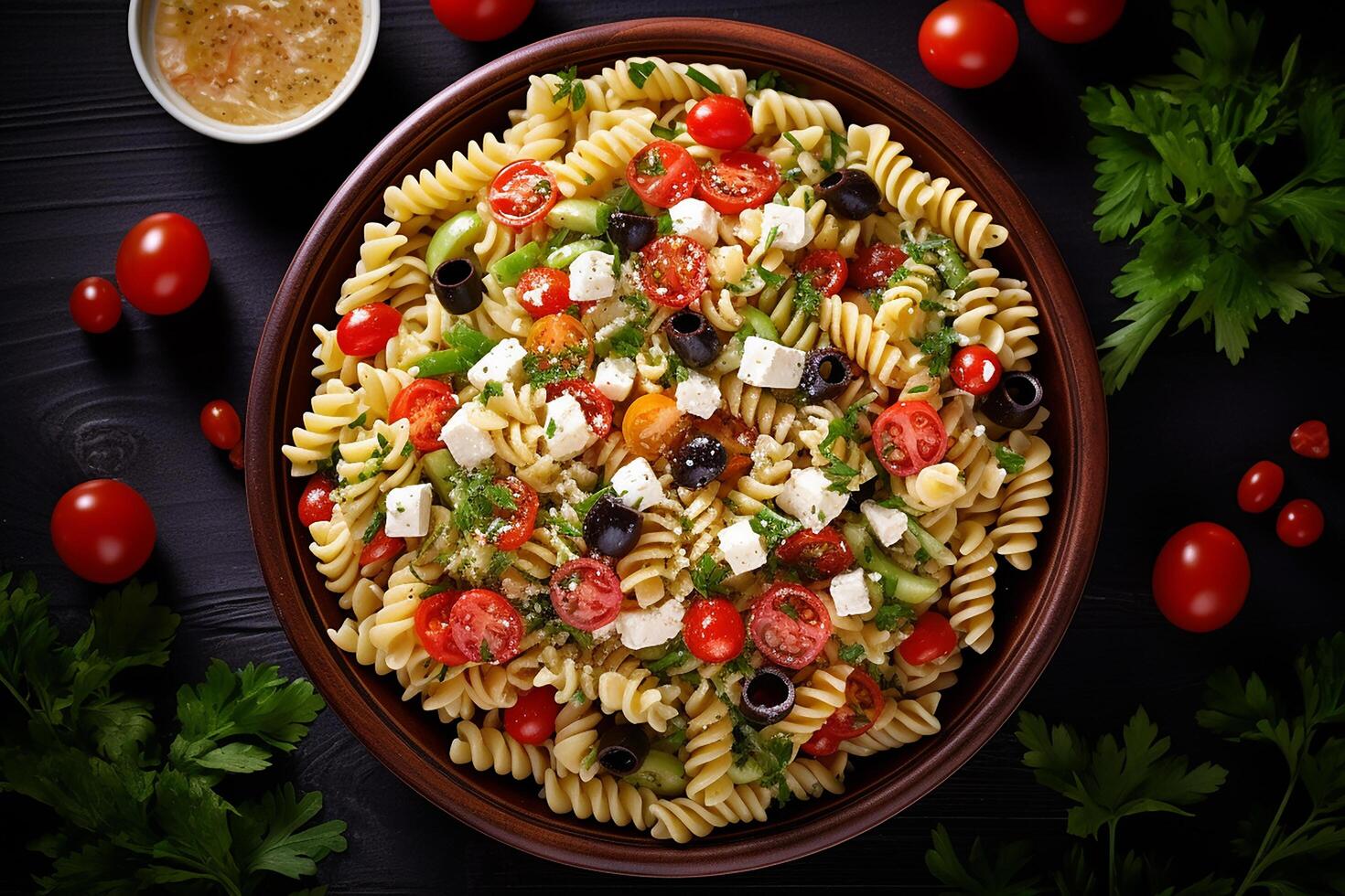 AI generated pasta salad with feta cheese, tomatoes and cucumbers photo