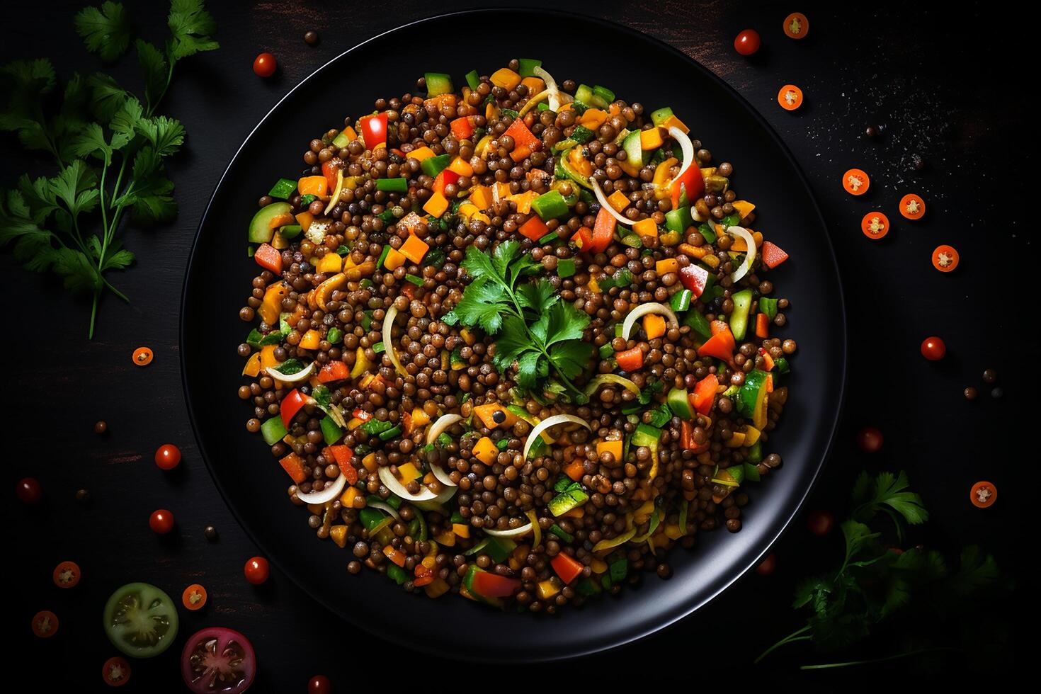 AI generated lentil and vegetable salad high protein salad recipes top view photo