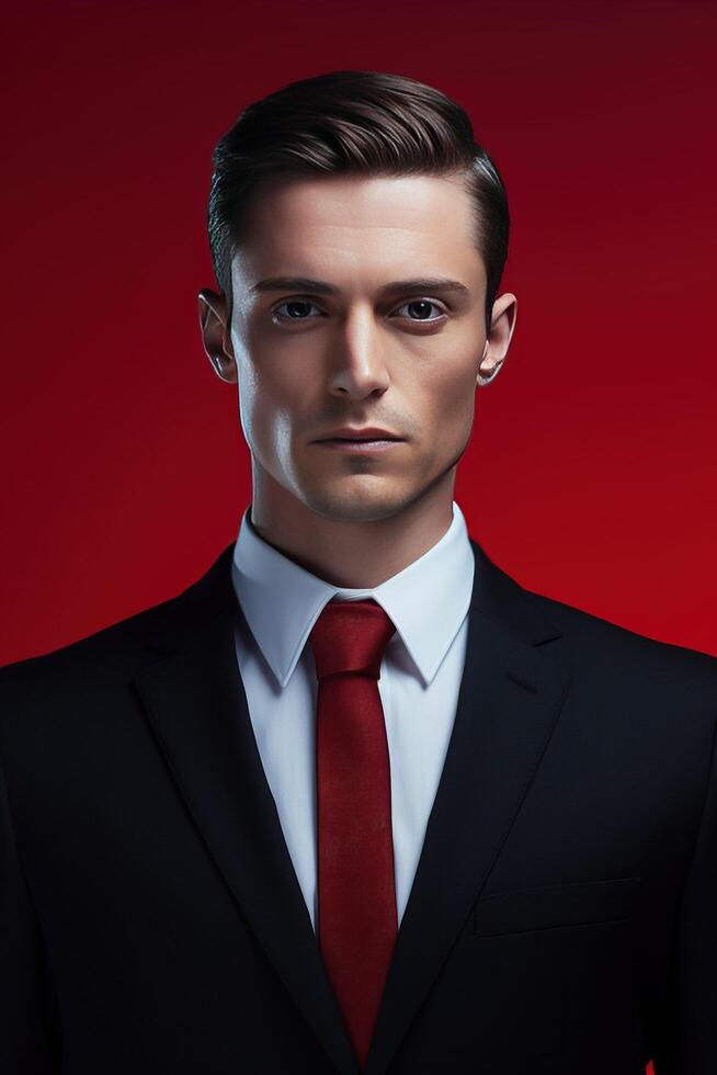 AI generated a man in a suit and tie standing in front of a dark background photo