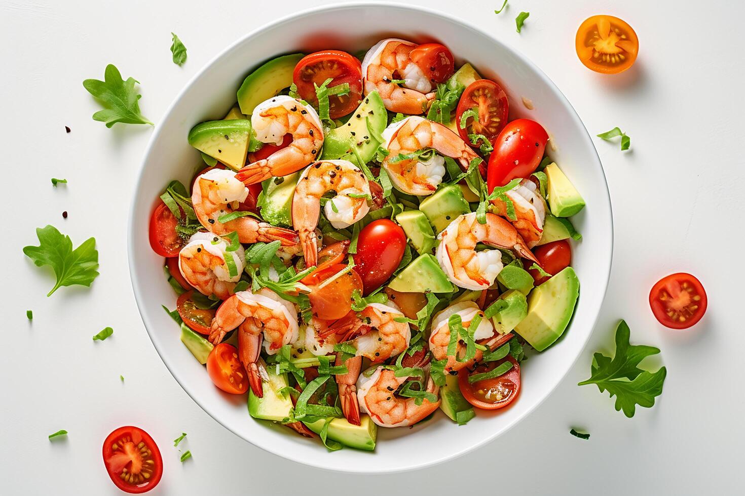 AI generated shrimp and avocado salad with lime dressing photo