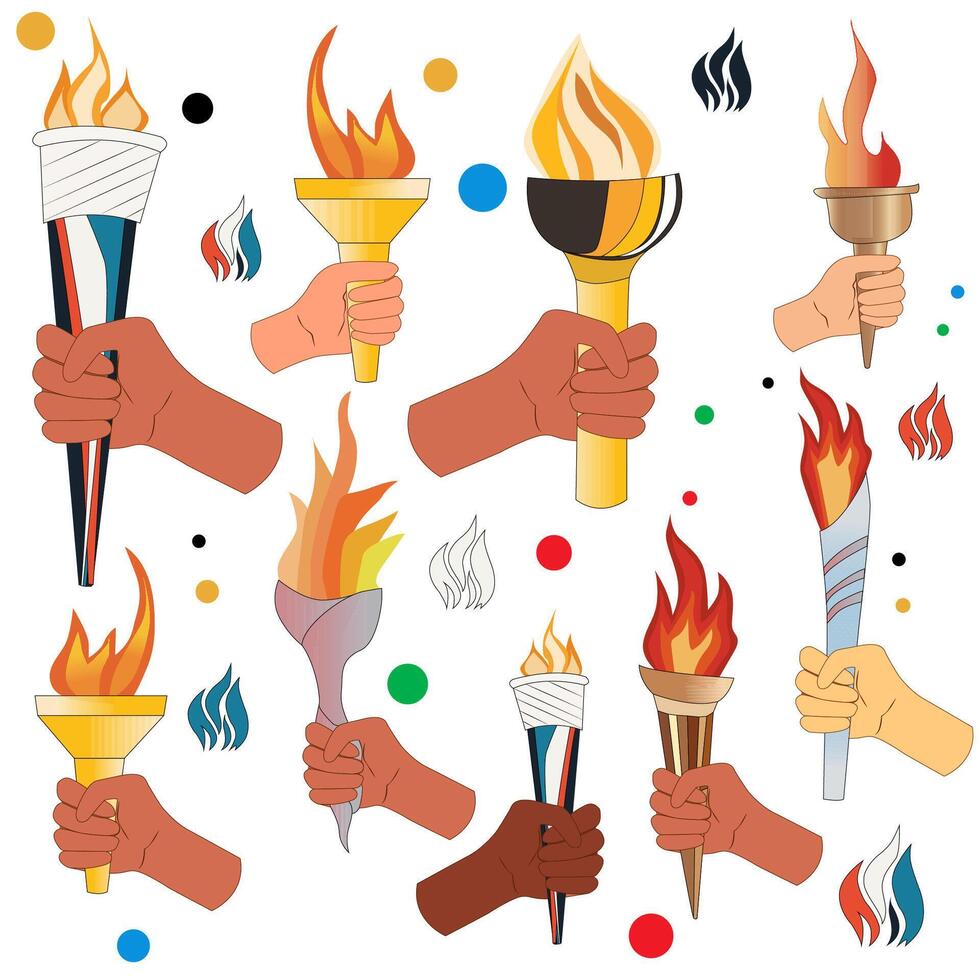 sport, torch with fire, sports torch, fire, olive branch, rings. use it for posts and stories, for the design of sports competitions vector