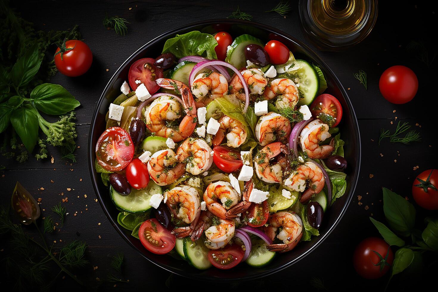AI generated a salad with shrimp, tomatoes, and other vegetables photo