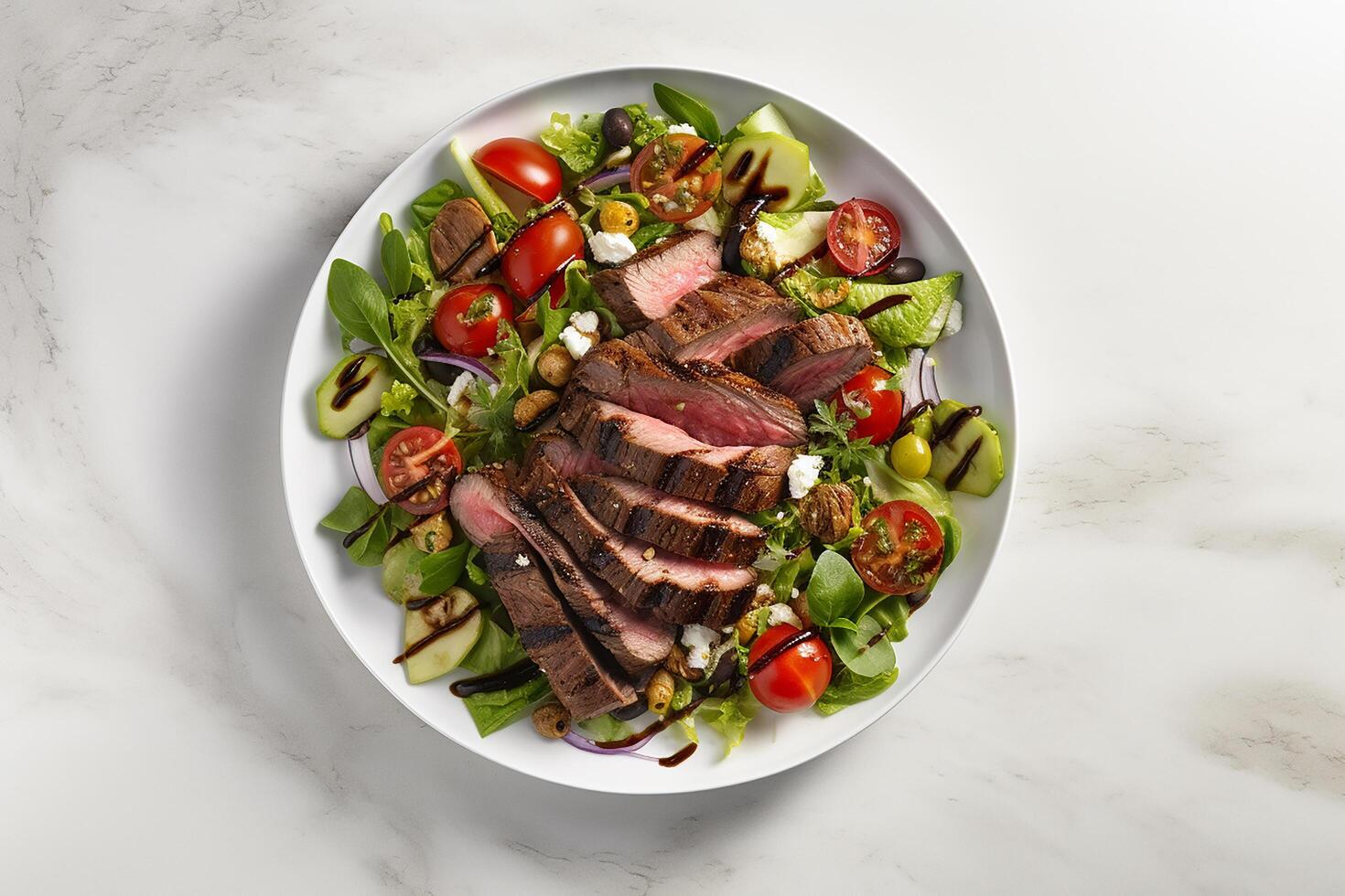 AI generated grilled steak with vegetables and salad on a black plate photo