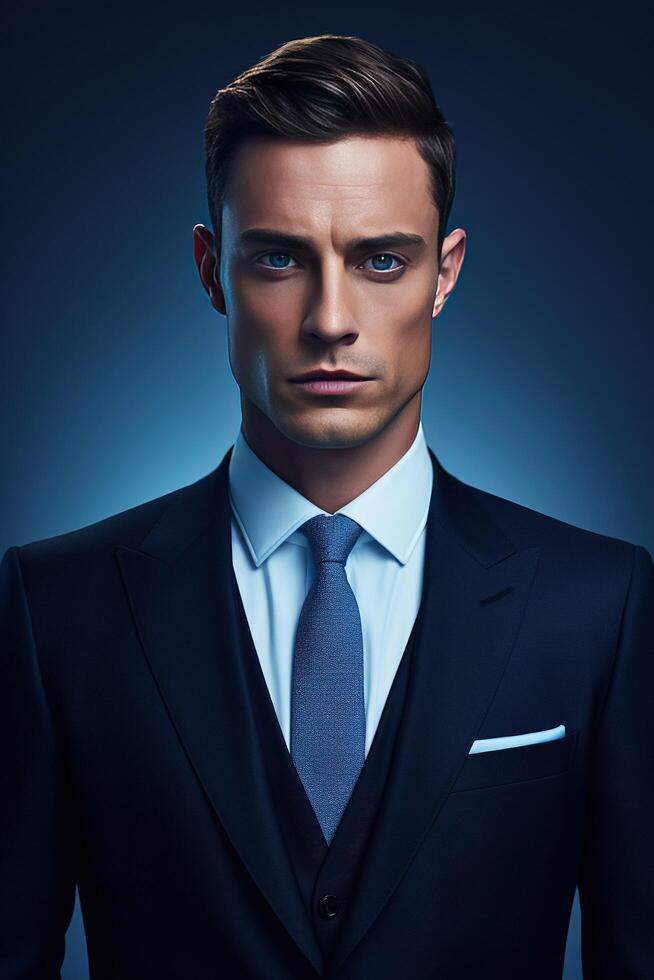 AI generated a man in a suit and tie standing in front of a dark background photo