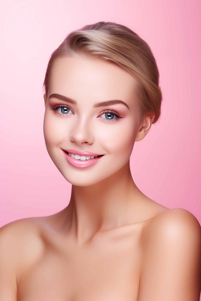 AI generated Beautiful face of young woman with perfect health skin, spa concept, pink background photo