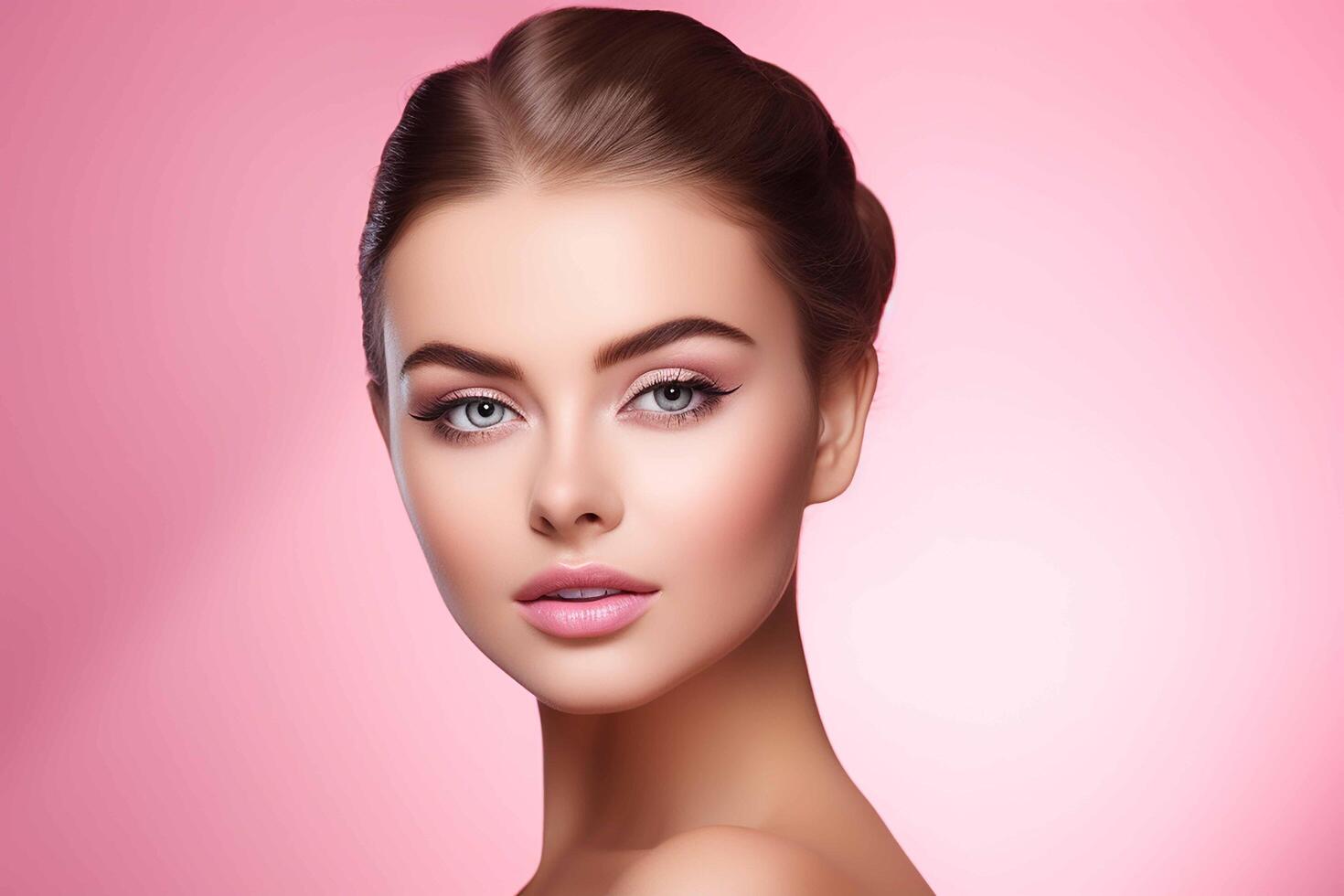 AI generated Beautiful face of young woman with perfect health skin, spa concept, pink background photo