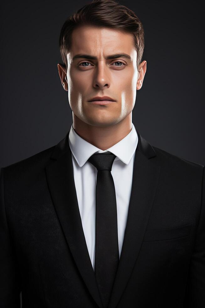 AI generated a man in a suit and tie standing in front of a dark background photo