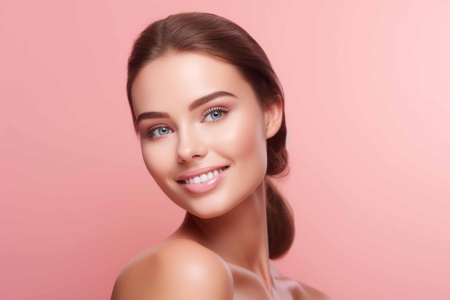 ai generado hermosa cara de joven mujer con Perfecto salud piel, spa concepto, rosado antecedentes foto