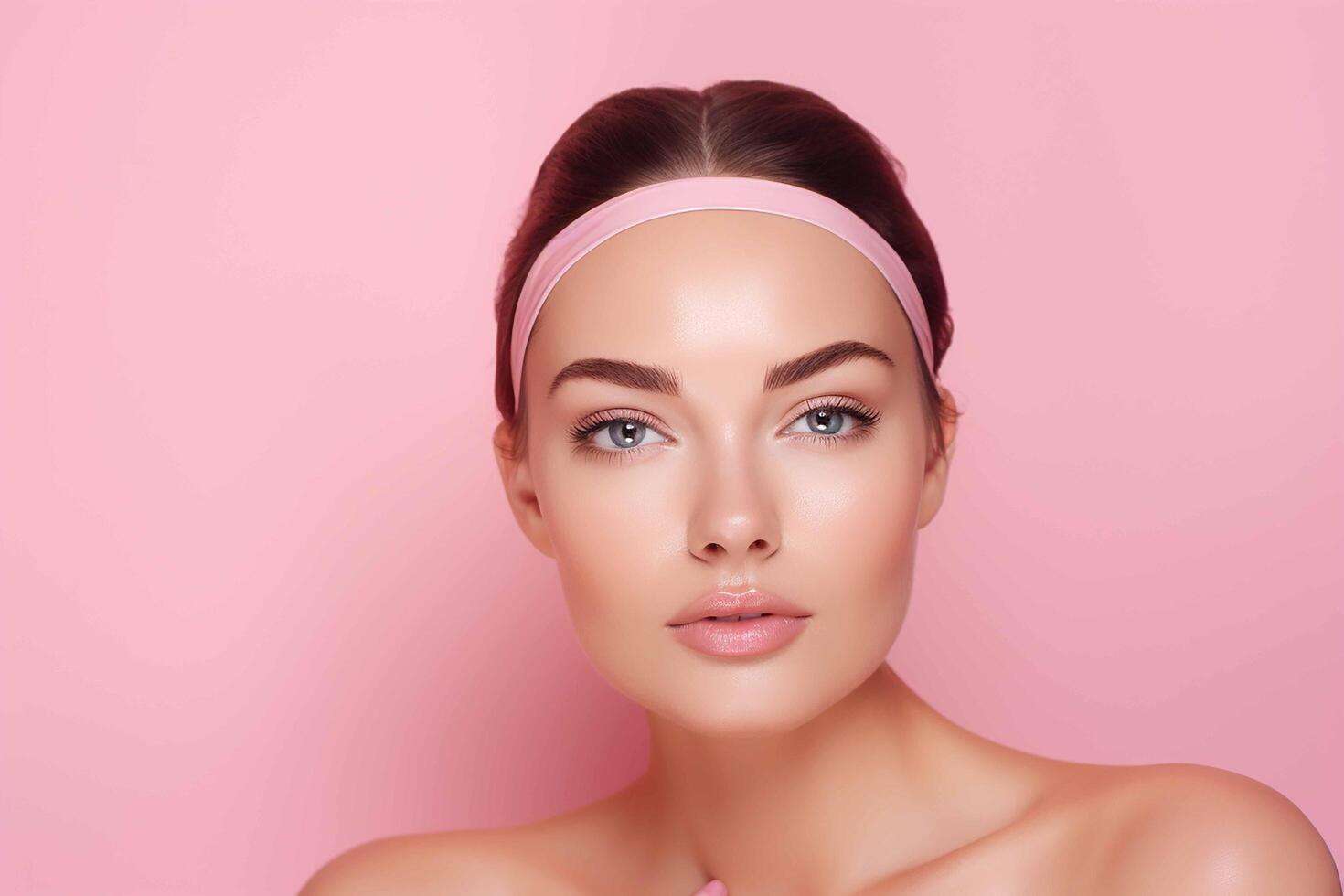 AI generated Beautiful face of young woman with perfect health skin, spa concept, pink background photo