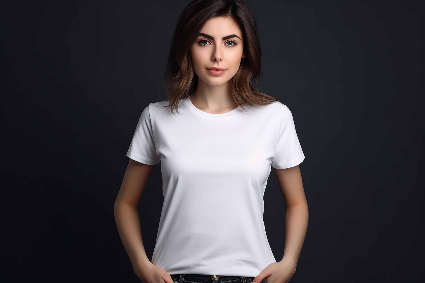 ai generado un hermosa joven mujer en un blanco camiseta foto