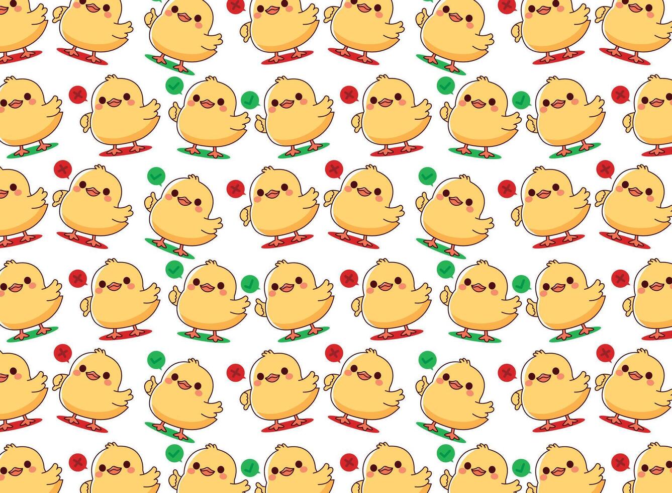 baby chick illustration pattern, with hands indicating right and wrong, vector, for fabrics, children's background vector
