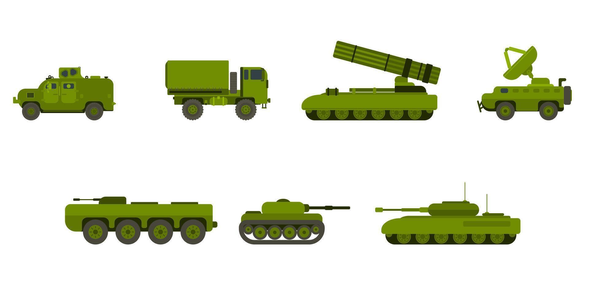 selection of flat style military vehicles weapons vector