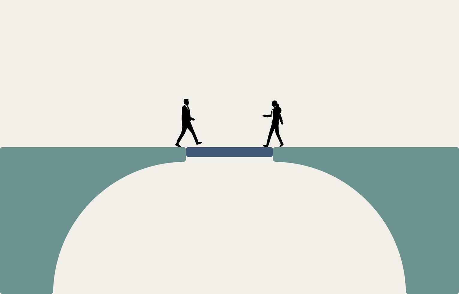 Business connection or partnership concept, businessman and businesswoman walking toward each other on connecting road, vector illustration.
