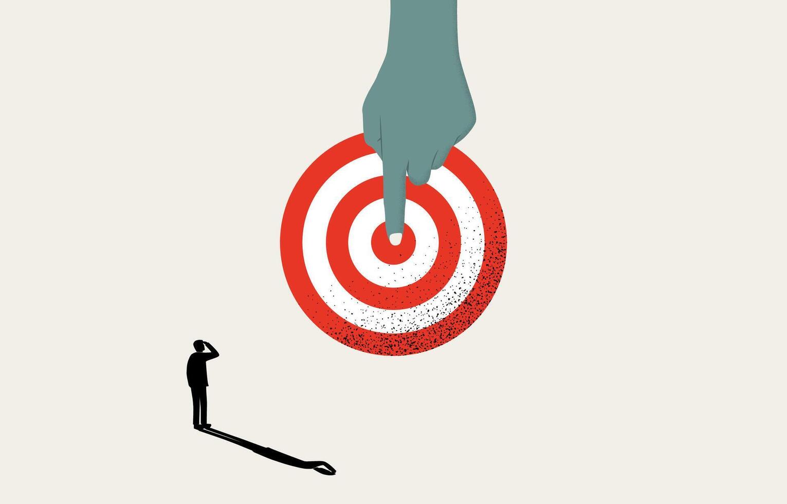 Focusing on business goal concept, businessman looking hand pointing at bullseye of target, vector illustration.