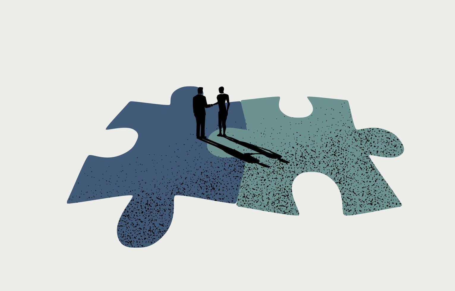 Business merger and acquisition, teamwork, business partner concept, businessmen handshaking on connected jigsaw puzzles. vector