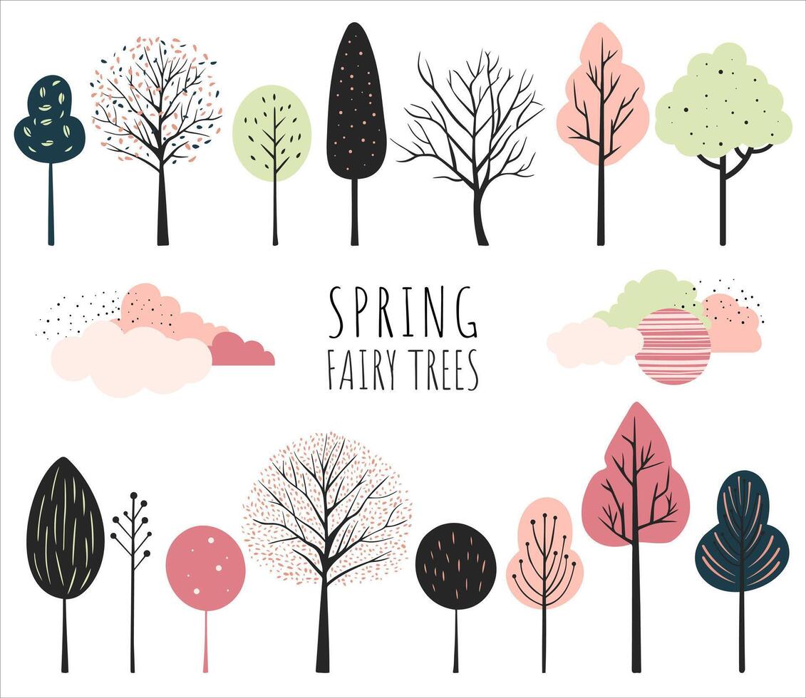 Set of multicolored fairy trees. Fantasy trees on white. Scandinavian vector trees collection