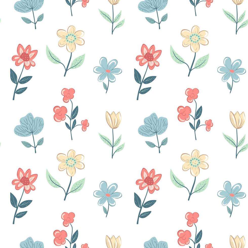 Vector seamless pattern with folk flowers. Spring background. Romantic flower pattern hand drawn.