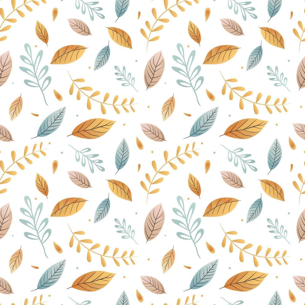 Vector seamless pattern of colorful leaves. White background, vector floral pattern.