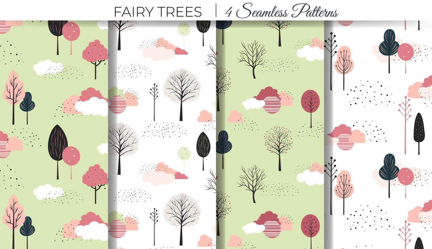 Spring trees vector pattern. Set of cute fantasy seamless patterns. Childish comic backgrounds.