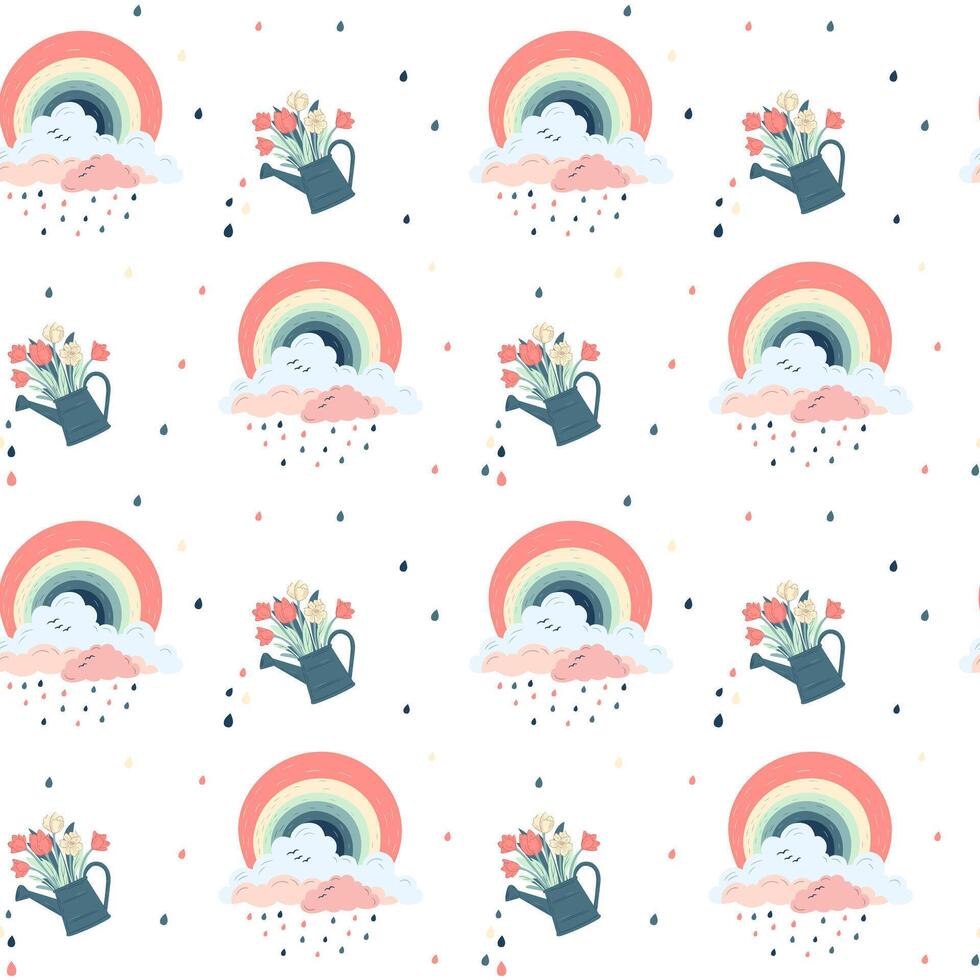 Seamless pattern with fantasy rainbows and watering can. Creative spring background, wallpaper. vector