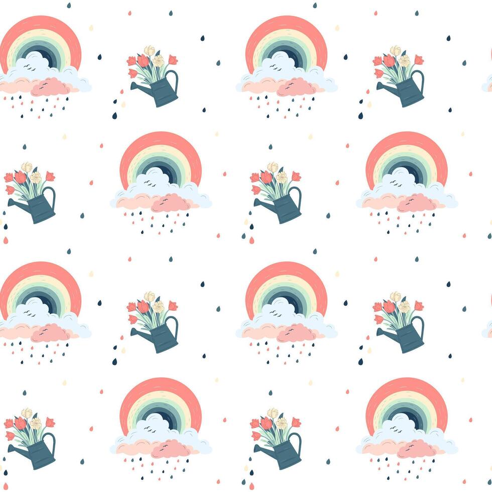 Seamless pattern with fantasy rainbows and watering can. Creative spring background, wallpaper. vector