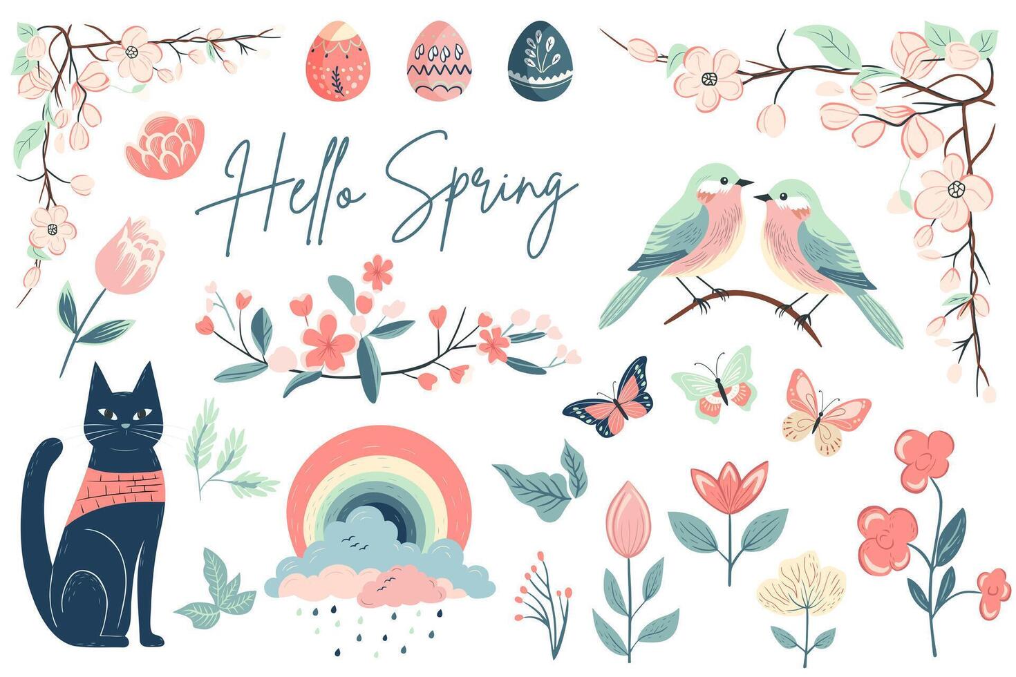 Hand drawn spring elements flowers, bird, cat. Spring collection. Vector illustration. Trendy spring design
