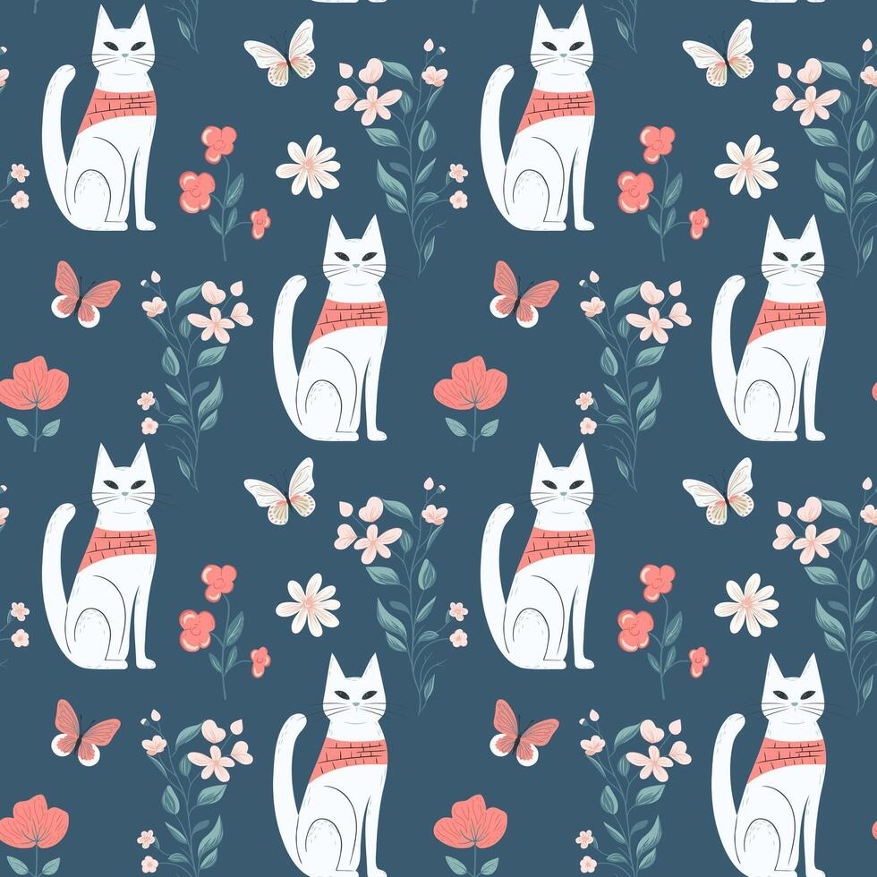 vector sin costura modelo con gatos y flores primavera antecedentes en gente estilo. primavera fondo de pantalla