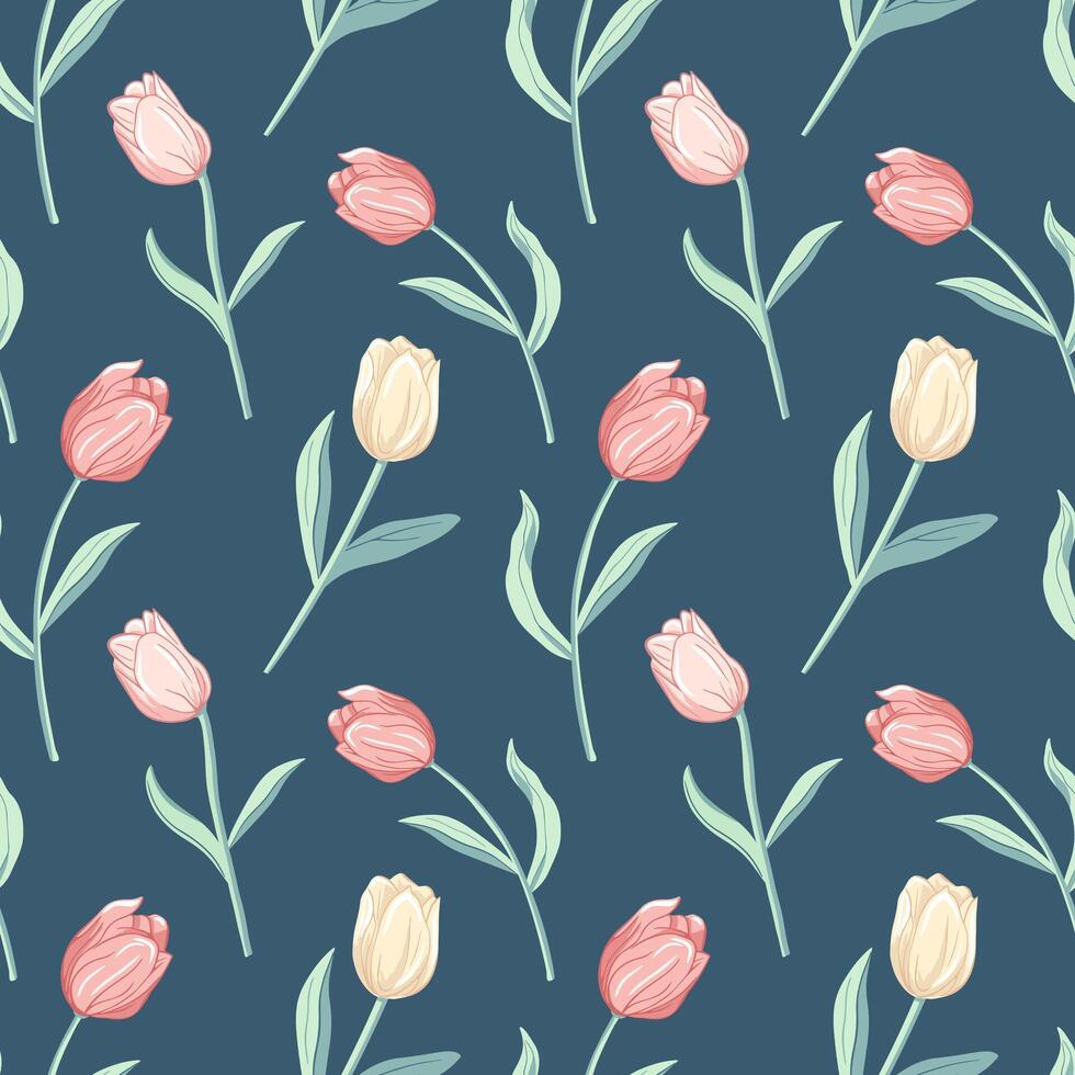 Vector seamless pattern with tulips. Spring background. Romantic flower pattern hand drawn.