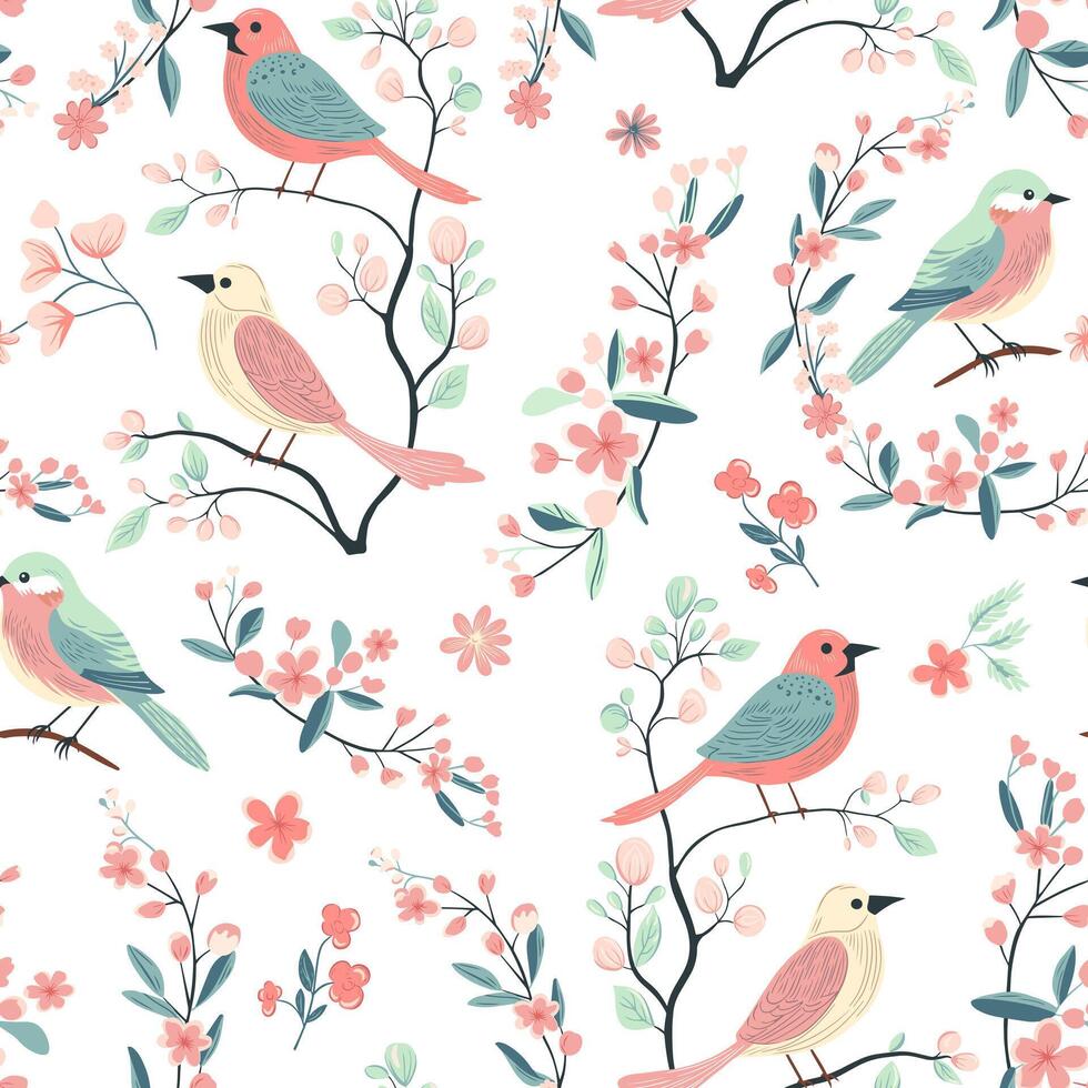 Vector seamless pattern with cute birds and flowers. Spring backgrounds. Hand drawn folk print.