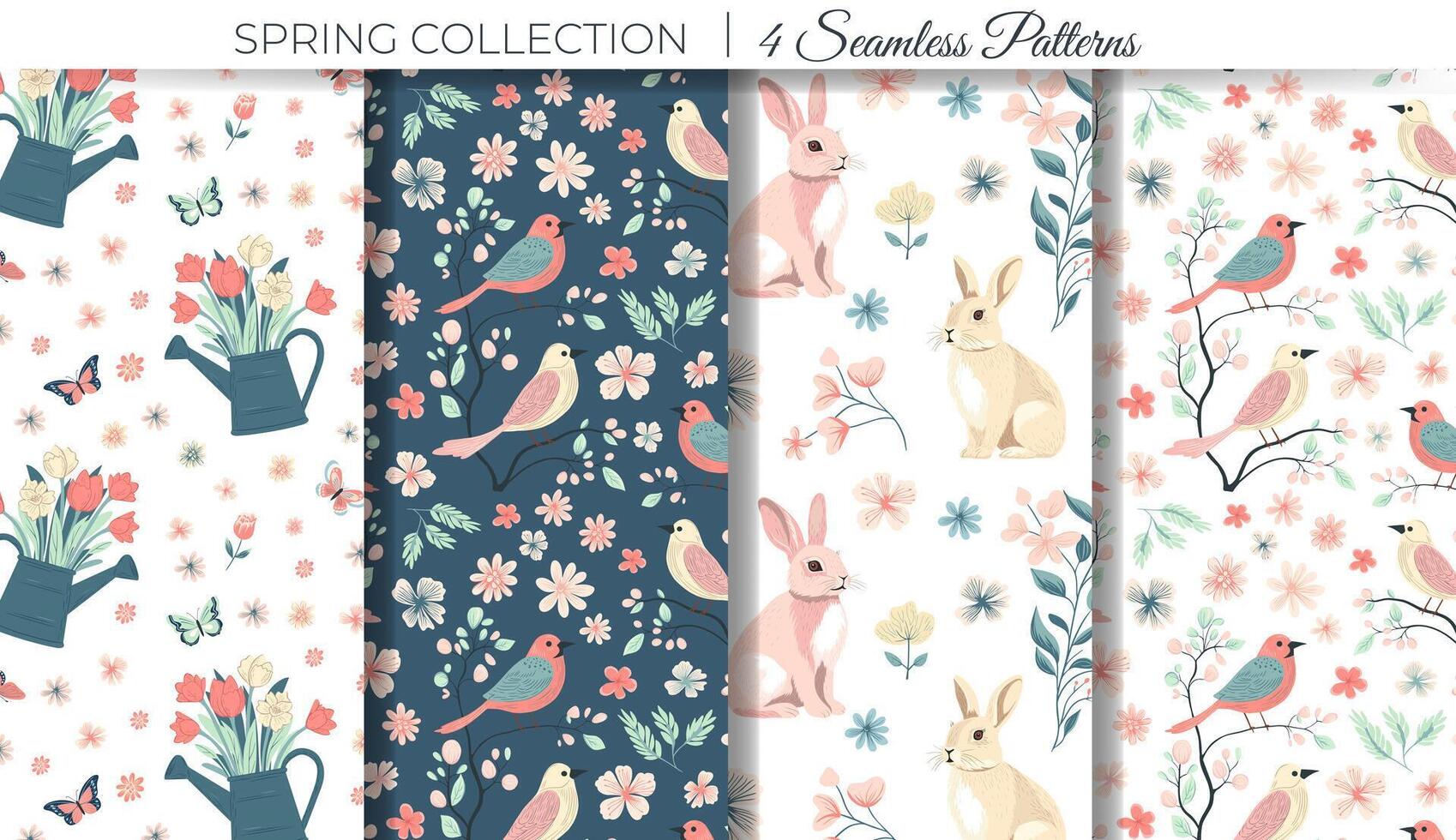 Set of spring background with bunny, watering can and birds. Spring seamless patterns. Easter ornament vector