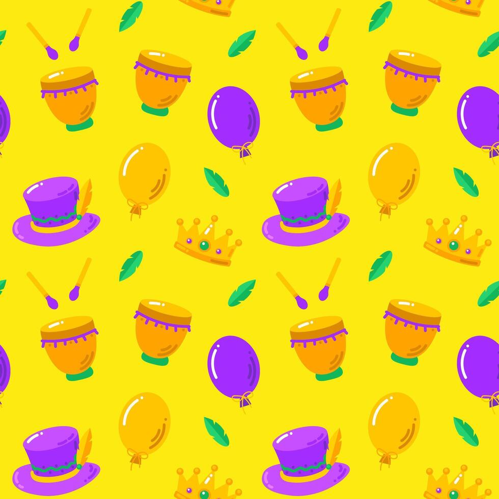 Mardi gras vector seamless pattern. Carnival pattern with hat, ballon and drum