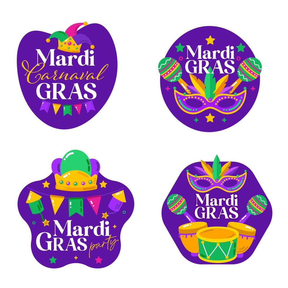 Mardi gras 4 set label collection. Vector flat mardi gras label design.