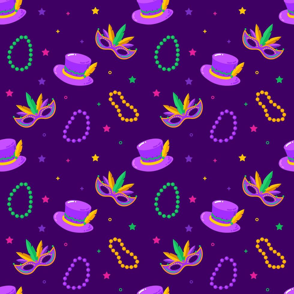 Mardi gras vector seamless pattern. Carnival pattern with mask and hat