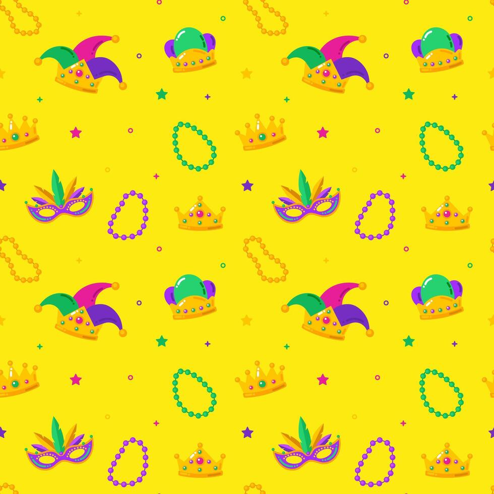 Mardi gras vector seamless pattern. Carnival pattern with crown and confetti