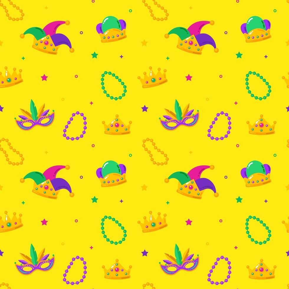 Mardi gras vector seamless pattern. Carnival pattern with crown and confetti