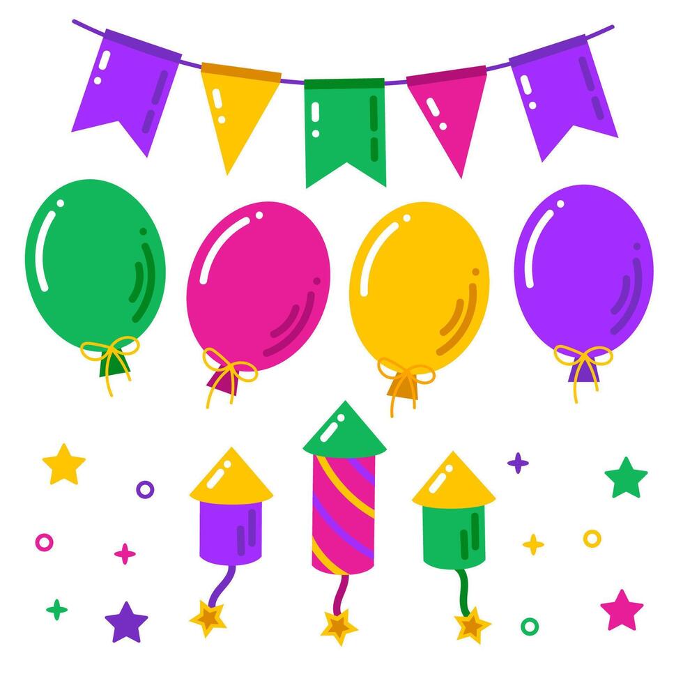 Happy birthday element set collection with paper flag, balloon vector