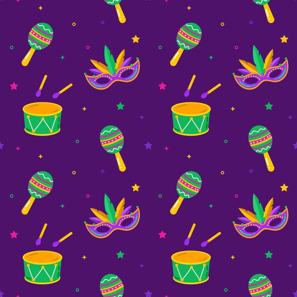 Mardi gras vector seamless pattern. Carnival pattern with mask and maracas