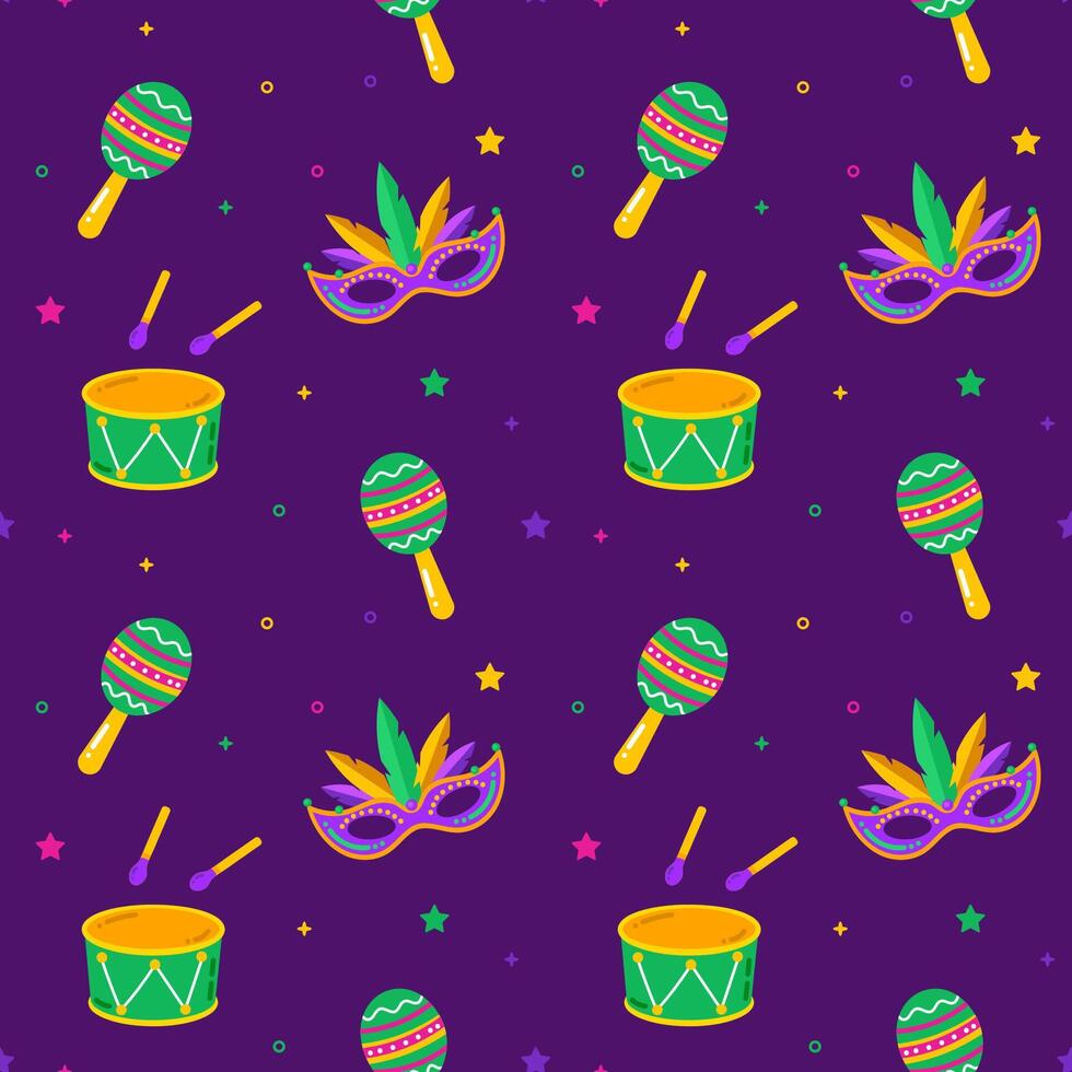 Mardi gras vector seamless pattern. Carnival pattern with mask and maracas