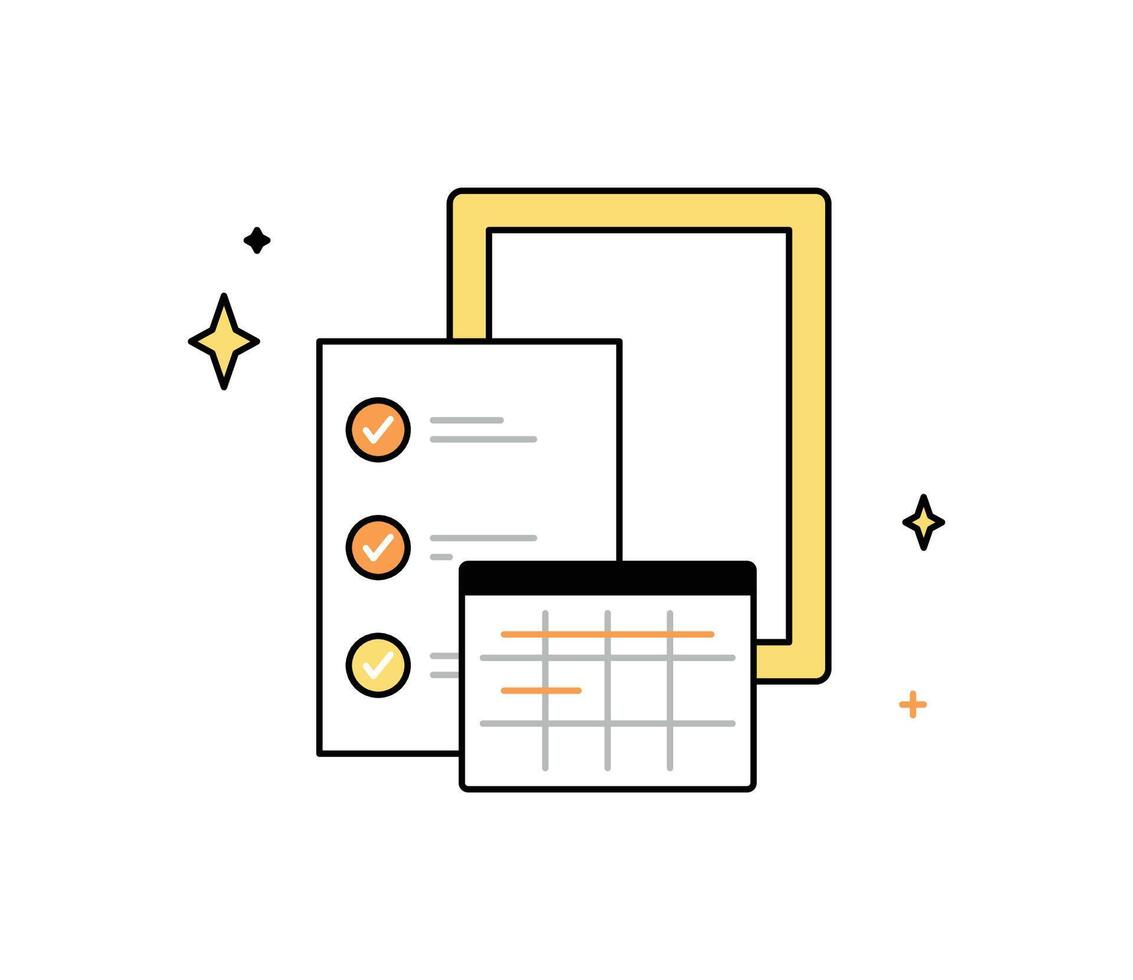 Schedule planning and planning work tasks, making schedule using calendar, filling checklist, business and finance organization concept vector illustration.