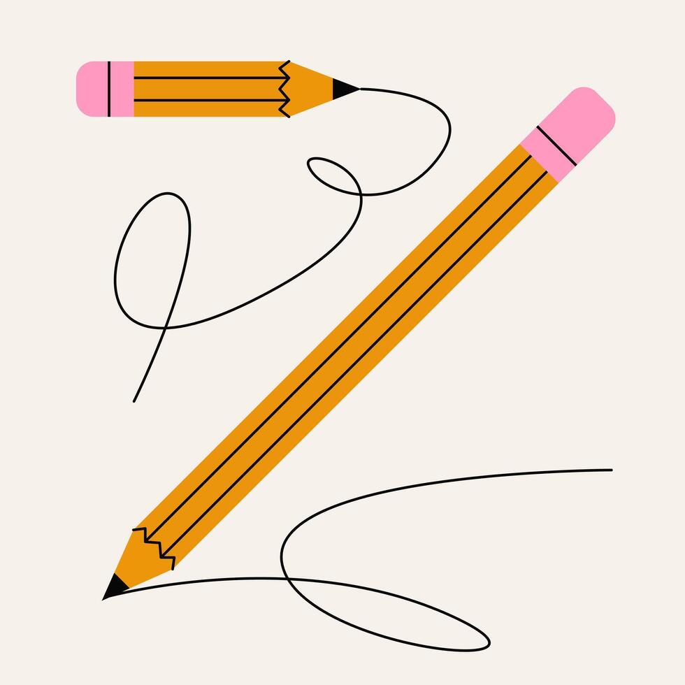 Yellow pencil and wooden object for writing and drawing, cartoon short yellow pencil rubber eraser concept vector illustration.