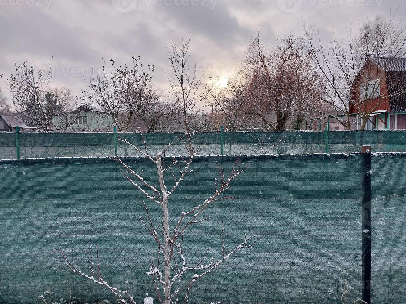 Snow fell on the fence in the village photo