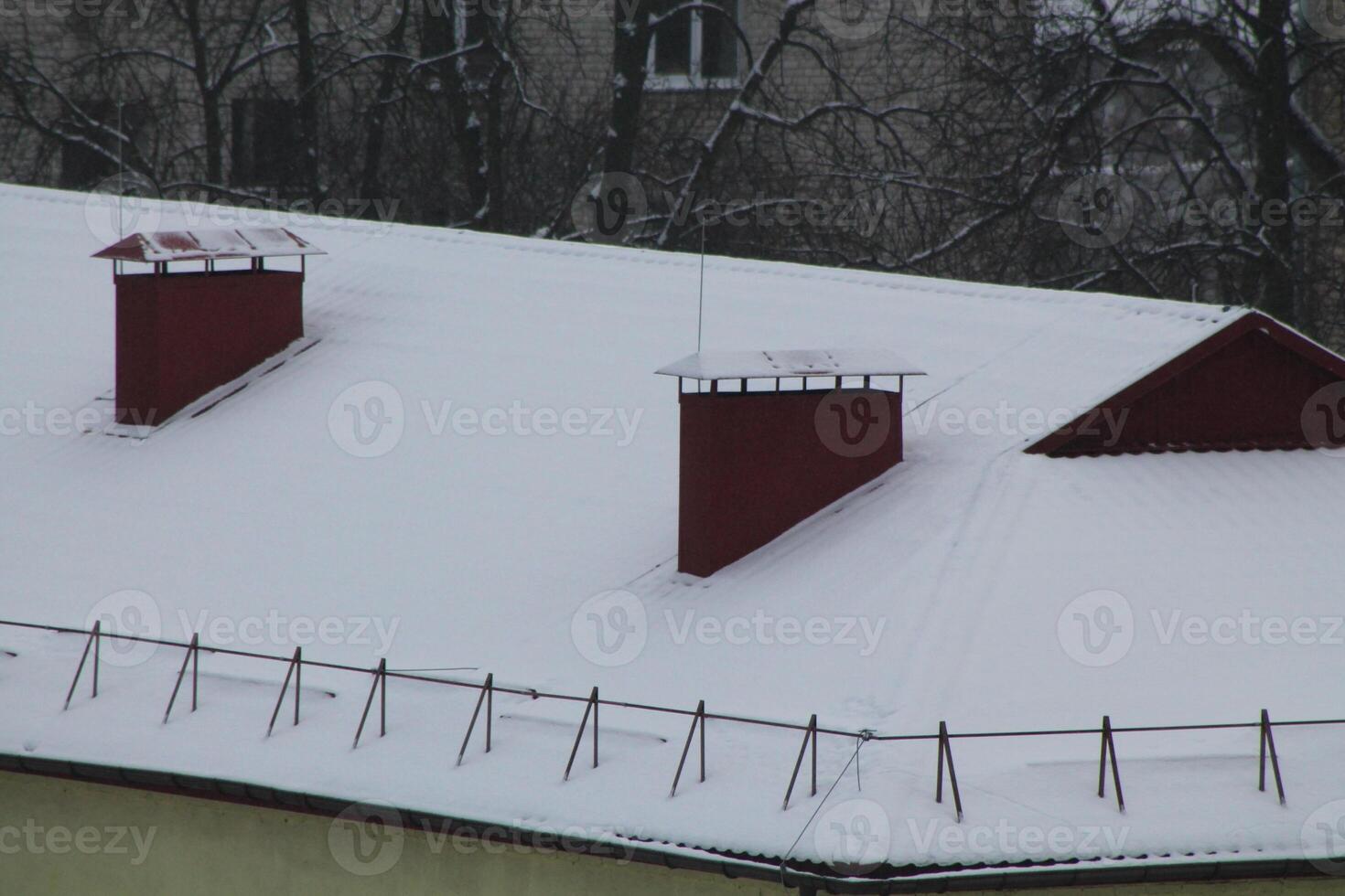 Roofs and chimneys covered with snow in winter photo