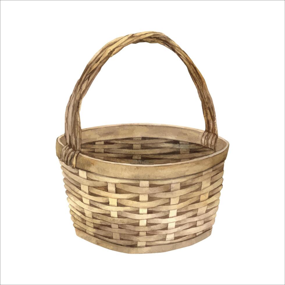 Watercolor illustration of a wicker brown basket. Blank element for picnic, flowers, vegetables, food isolated on background. Rustic vintage straw basket is used in designs on postcards and textiles vector