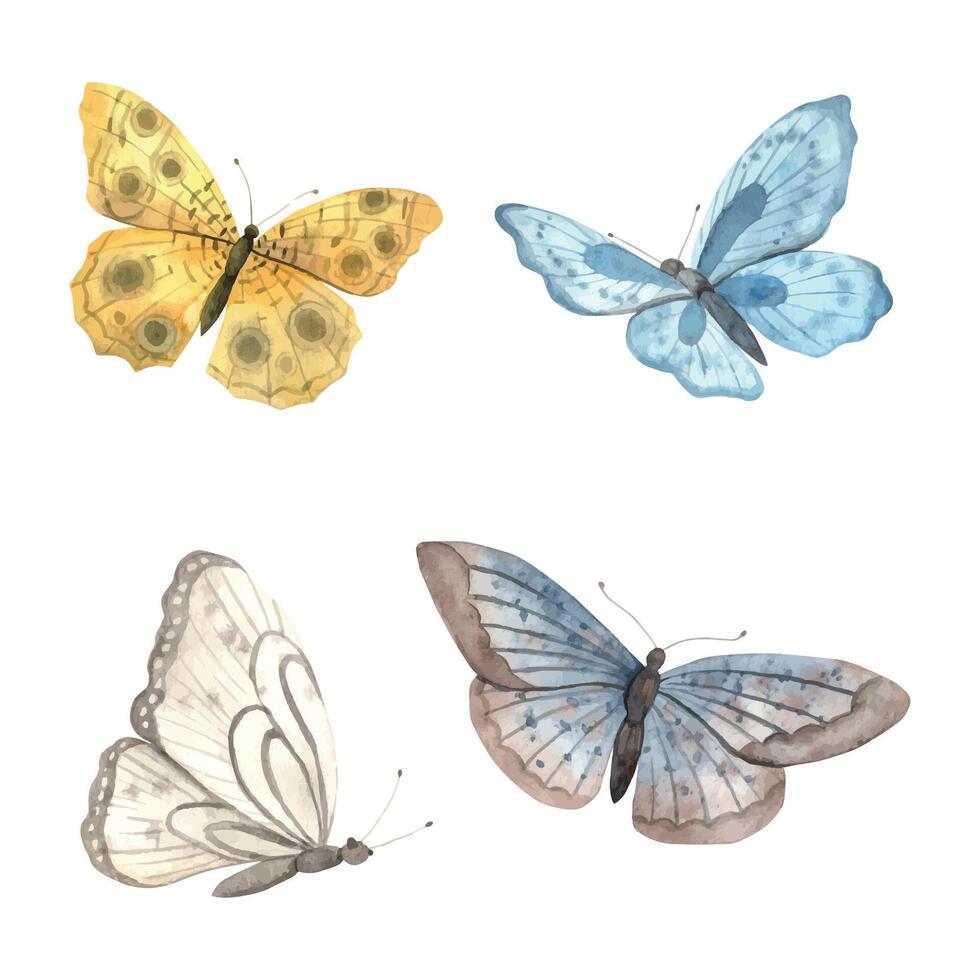 Set of watercolor colorful butterflies. Illustration hand drawn on isolated background for greeting cards, invitations, happy holidays, posters, decor vector