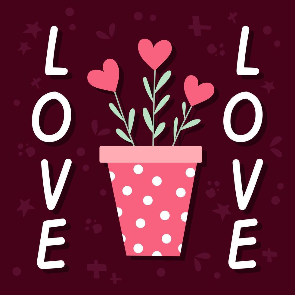 Hand drawn greeting card with heart flowers in the pot. vector