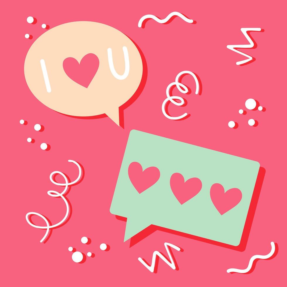 Hand drawn greeting card with love messages. Vector design with abstract decorative elements.