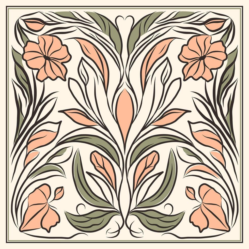 Hand drawn floral art nouveau decoration. Vector square design in color of the year.